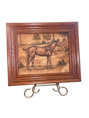 Vtg Beveled Wood Framed Horse 3D Fabric Art Equestrian Rustic